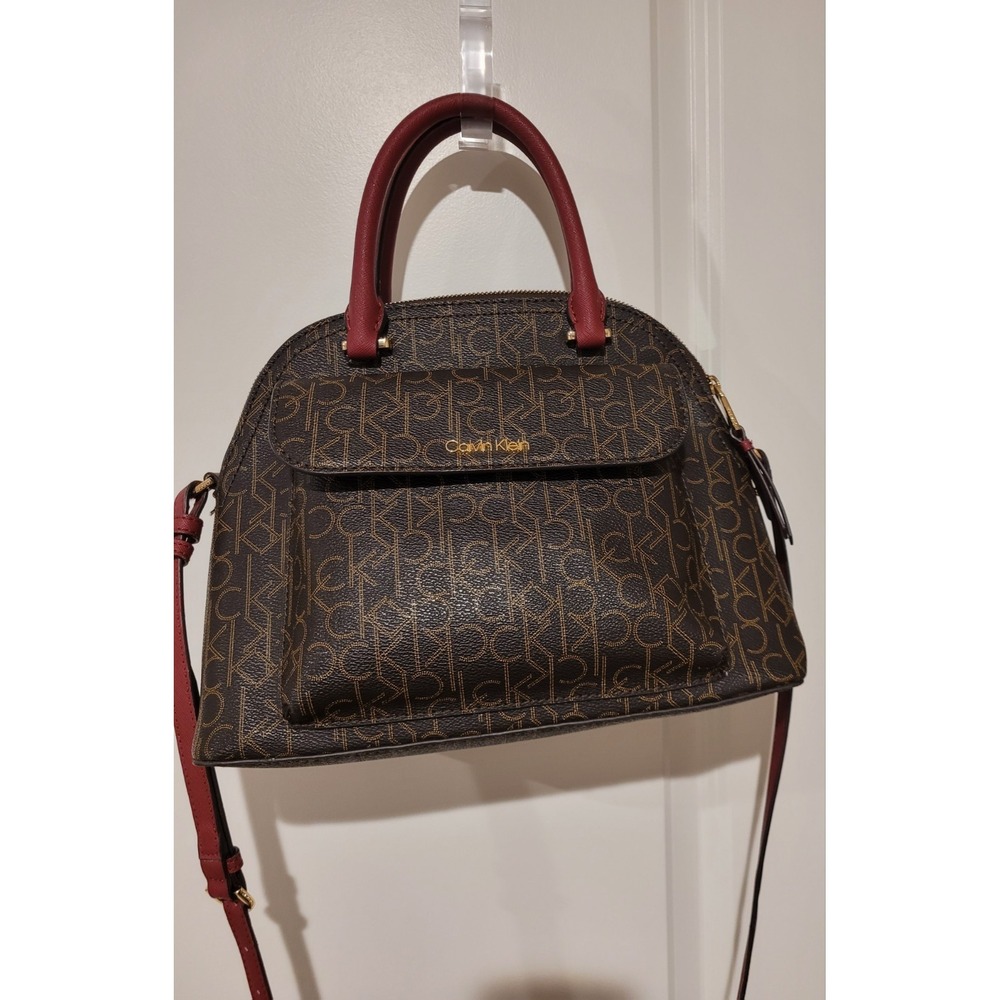 Calvin Klein Brown Logo Satchel Dome bag with Red Handles, Shoulder Strap